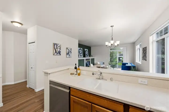 Updated kitchen connected to dining and living areas.