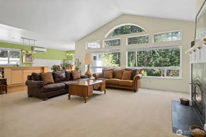 Open concept living room, kitchen and dining room.
