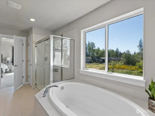 The focal point of the room is the opulent jetted tub, strategically positioned to offer breathtaking views of the native growth protection area through oversized windows. As you soak in the warm, bubbling waters, you're enveloped by the beauty of nature, creating a truly immersive and rejuvenating experience.