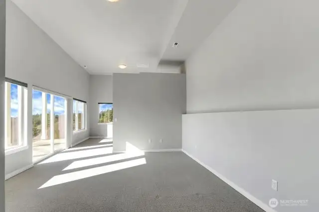 Current downstairs family/media room with 16' ceilings