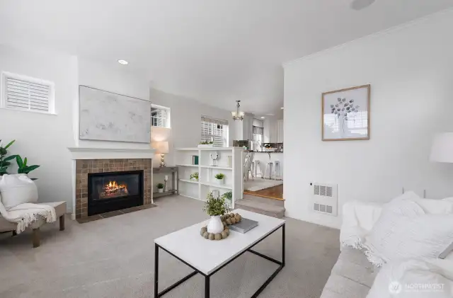 The living room has built ins and tons of natural light.