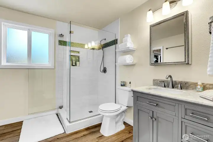 3/4 Bath off primary bedroom on lower level.