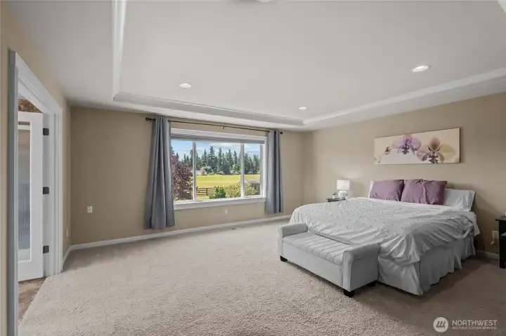 The expansive primary suite is enhanced by a beautiful coffered ceiling, creating a refined and relaxing retreat