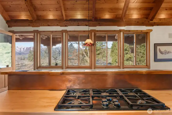 There is a unique and gorgeous view from this home whatever direction you are facing, like this one of the snowcapped Sawtooth Mountains from the kitchen.