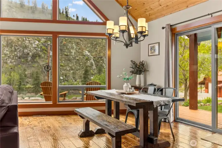 Artistic light fixtures, metal, and rock accents throughout.