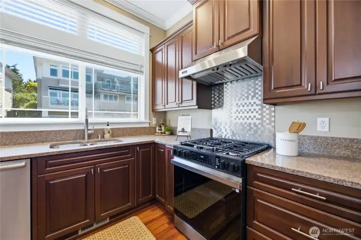 Luxury kitchen with rich cabinetry, a gas range, granite counters
