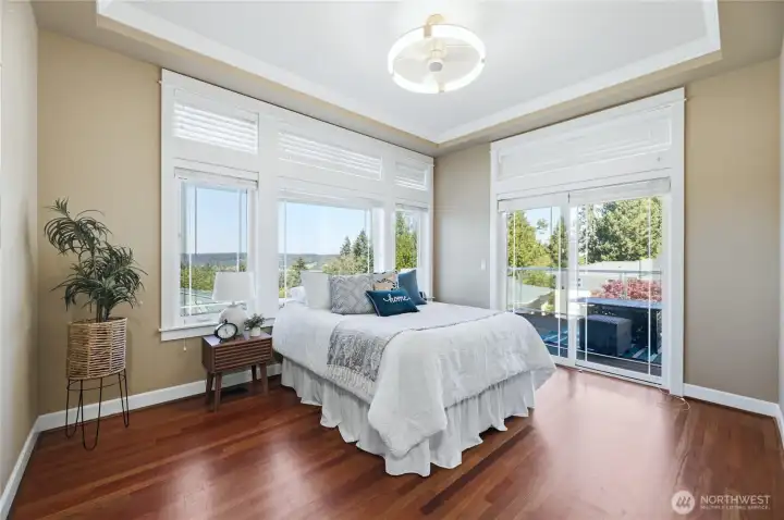 Primary bedroom on the main floor with sliding doors to the deck, a spacious luxury bath & large walk-in closet