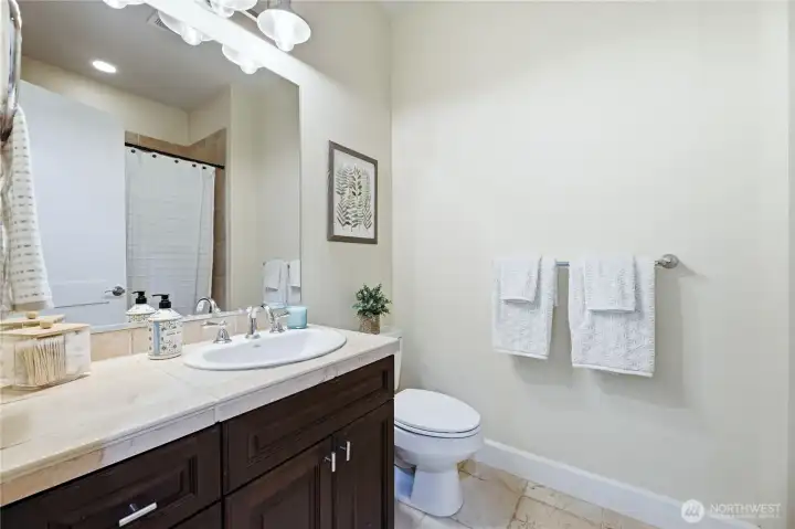 Lower-level full bath with tub and shower