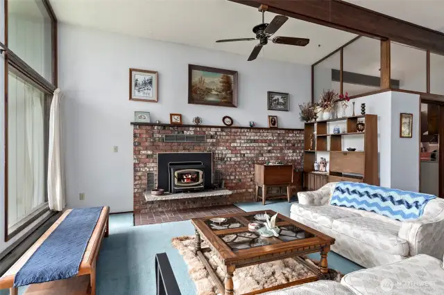 Feature fireplace with cozy wood stove