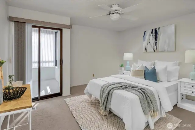 Virtual staging in the primary bedroom to show the generous size of the room