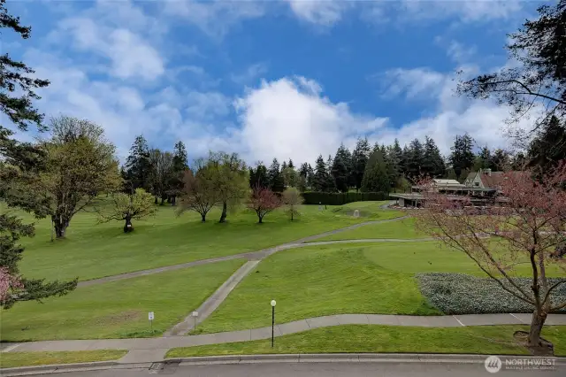View from the sun porch over the first tee box and looking over at the club house