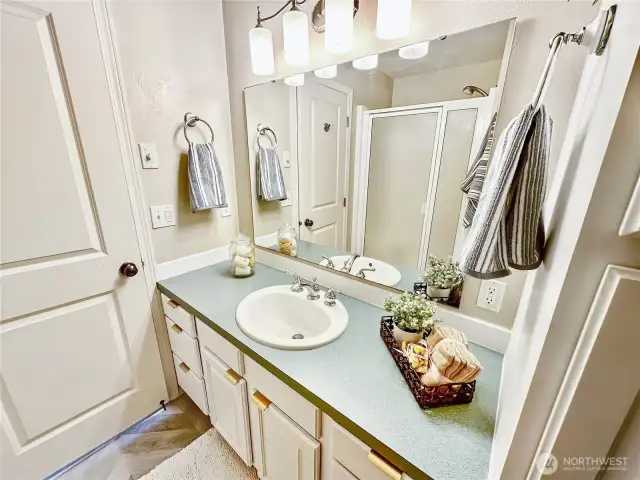 In this photo you can see the shower stall as reflected in the vanity mirror of the primary bath.