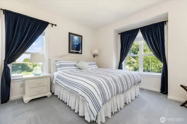 On the 2nd floor (Main Level) is another Guest Suite (bedroom #2) with plush carpeting, custom curtains & blinds and a large two door closet. Room accommodates a King-size bed