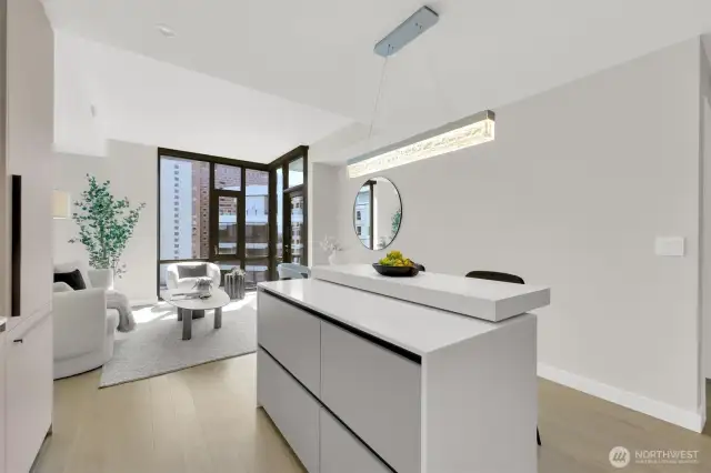 Contemporary kitchen with 2 tier island counter