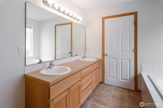 Another view showing double sinks and lots of storage.