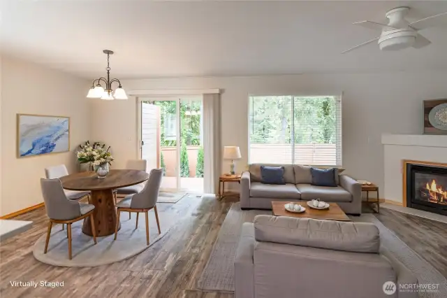 Open dining room - living room with slider leading to fully fenced back yard.