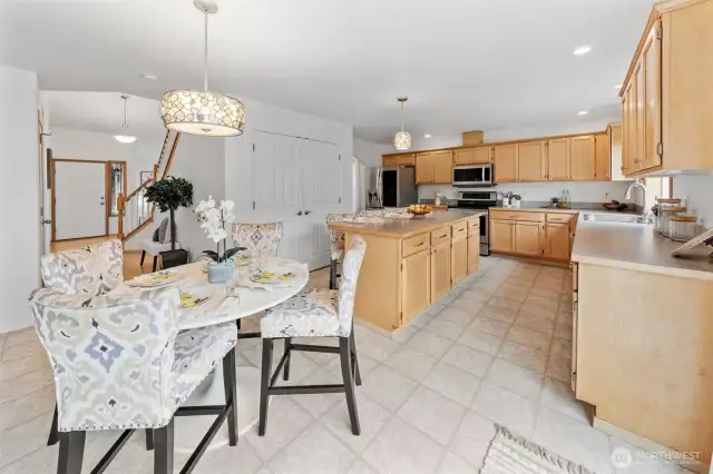 In addition to bar seating, you can fit another dining table and still have lots of room to move around.