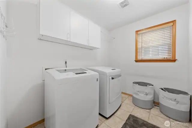 Very large laundry room with upper cabinets and the washer and dryer stay with the home.