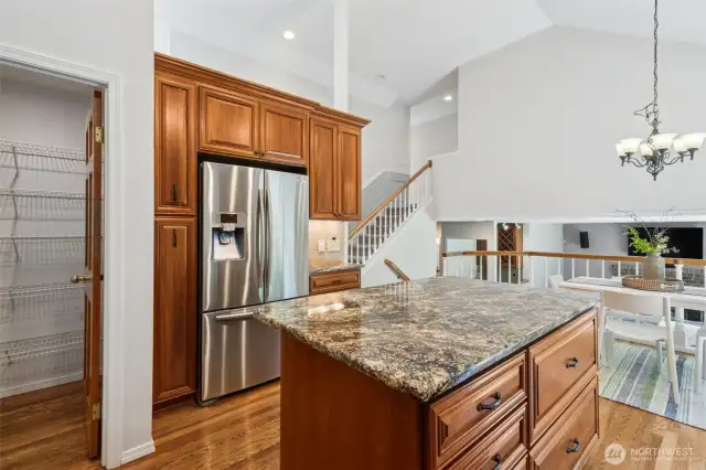 In this photo you can see the walk-in-pantry to the left, the frige with roll out custom shelving to the left. Look at all the storage in the island here too! What a dream kitchen!