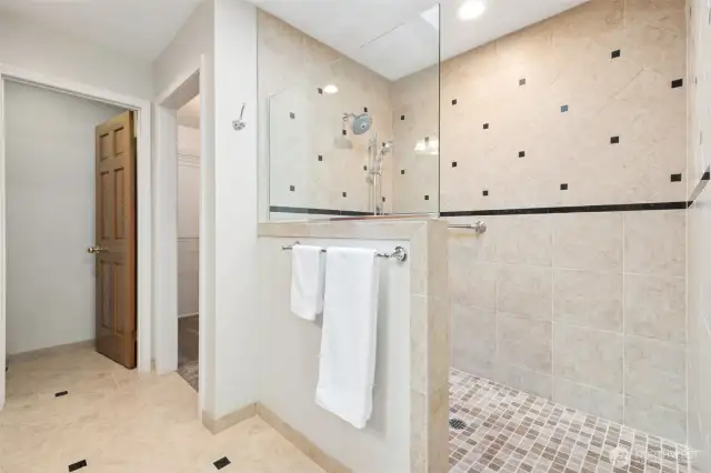 On the other side you see this massive tiled shower with 2 heads. Behind this is the walk-in-closet, and to the left is the watercloset.