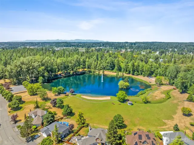 This view shows the green space and the beach, along with some picnic tables and gazebo. 13+ acres of area for the community.