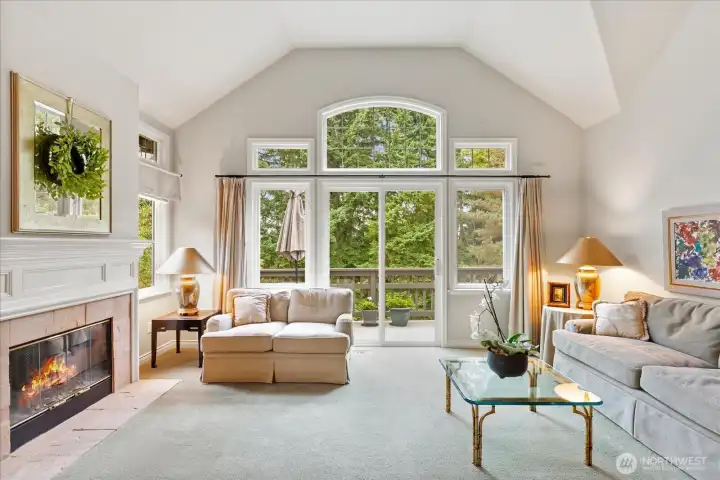 Main-level living room with gas fireplace