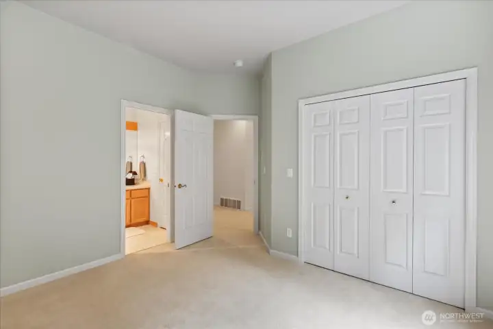 Lower-level bedroom with door to family room and sliding door to full bathroom