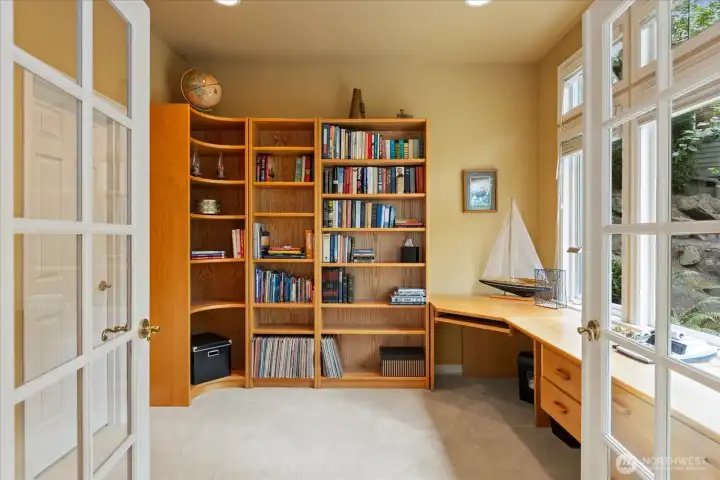 French doors to lower-level bedroom being used as an office