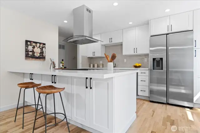 Expansive kitchen island, perfect for casual dining and serving buffet style