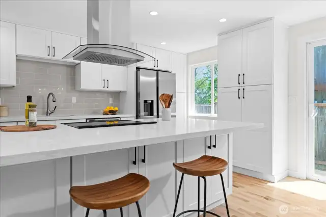 Great cabinet storage with full height pantry cabinet, and under eating bar cabinets wall