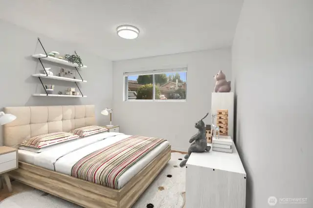 Let's head down the hall to the guest (kiddos?) bedroom...