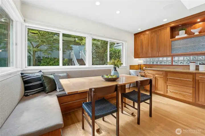 Custom built-in banquette and table which can stay with the home - fits perfectly.