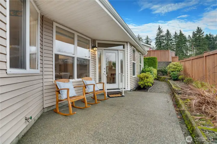 Private, partially covered patio and side yard. The Ranch allows each resident 2 domestic animals. This yard is fully fenced and well suited for your pups!