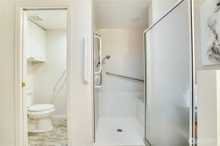 Bathroom include private water closet and walk-in (stair-less) shower with place to sit.