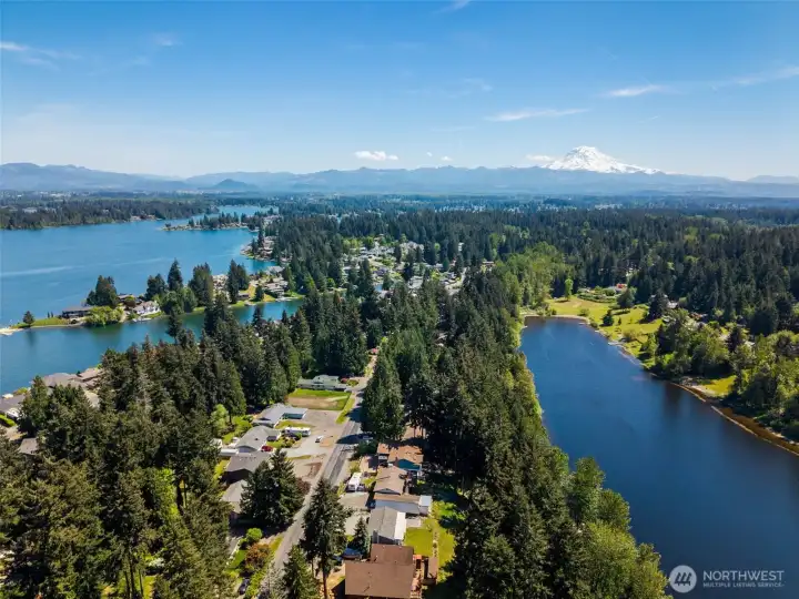 Stunning aerial views of Lake Tapps w/ Mt Rainier Stunning aerial views of Lake Tapps w/ Mt Rainier