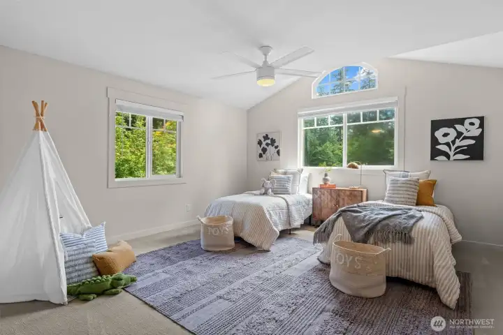 Space for everyone! This beautifully designed, oversized bedroom offers the perfect layout for a shared room, bunk room, or epic playroom setup. Space for everyone! This beautifully designed, oversized bedroom offers the perfect layout for a shared room, bunk room, or epic playroom setup.
