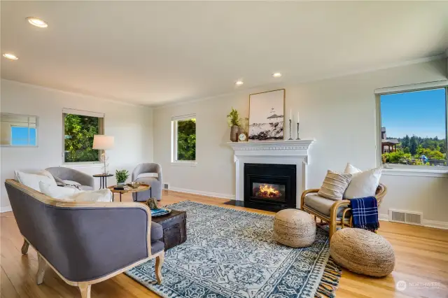 One of two functioning gas fireplaces. Newly modernized about 4 years ago. Also, did you notice all of the lush green outside of each window. The privacy and view of this property while being close in town, is so special.