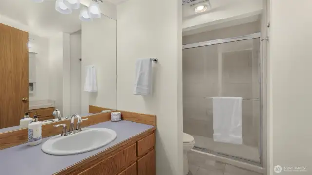 Spacious 3/4 guest bath on the lower level.