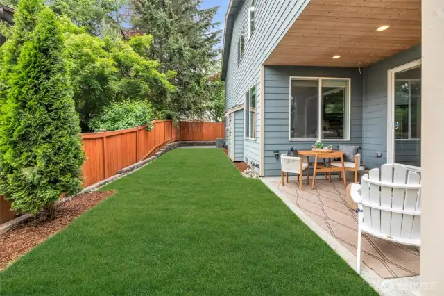 Brand new sod/lawn. There is also a fenced garden space on the size of the home.