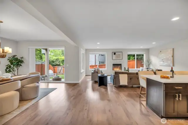 Open floor plan on the main level: great room, kitchen & dining.