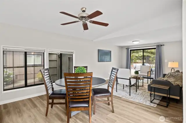 Family room just off the kitchen is a gathering hub and connector.