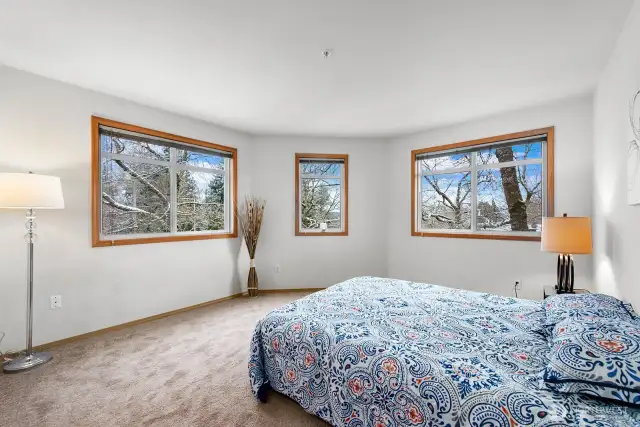 Primary Bedroom is very spacious and on the corner of the end unit.  Offers nice territorial views and tree scapes.  Lots of room for a king sized bed and lots more furniture.