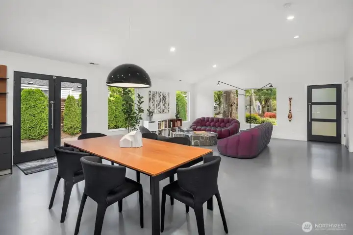 Wide view of the living and dining area