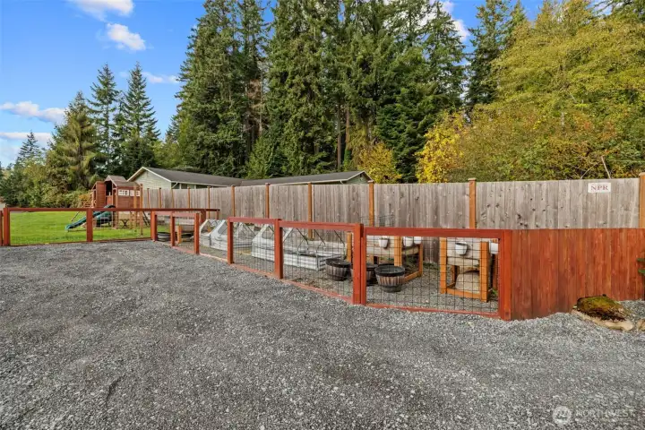 Fresh new gravel. Gard with raised beds. Over the years, the beds have contained fruits and veggies.