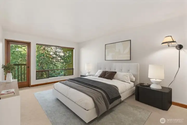 Virtually Staged Primary Bedroom. Private balcony and ensuite bathroom for a true retreat.