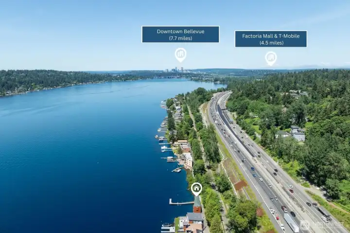 Perfectly positioned for commuting and connectivity, this waterfront location offers easy access to Bellevue, Factoria, and surrounding business hubs. Enjoy lakefront living with major destinations, entertainment, and shopping all within a short drive.