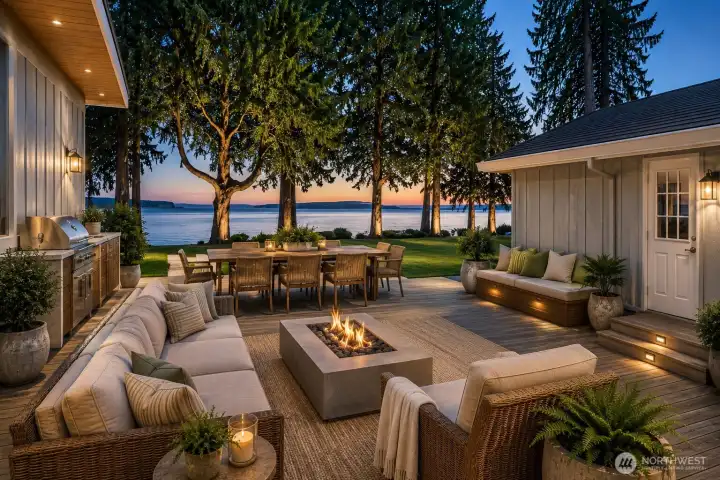 AI-generated concept illustrating the potential to transform the former pool area into an inviting outdoor living space that embraces the stunning water views. AI-generated concept illustrating the potential to transform the former pool area into an inviting outdoor living space that embraces the stunning water views.