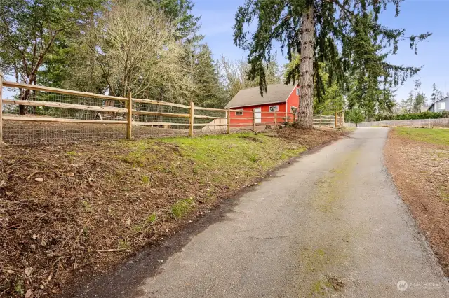 Paved driveway leads to upper area with garage shop and potential future home site.