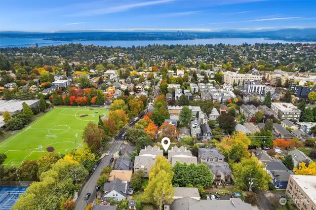 Aerial view looking east towards Bellevue.