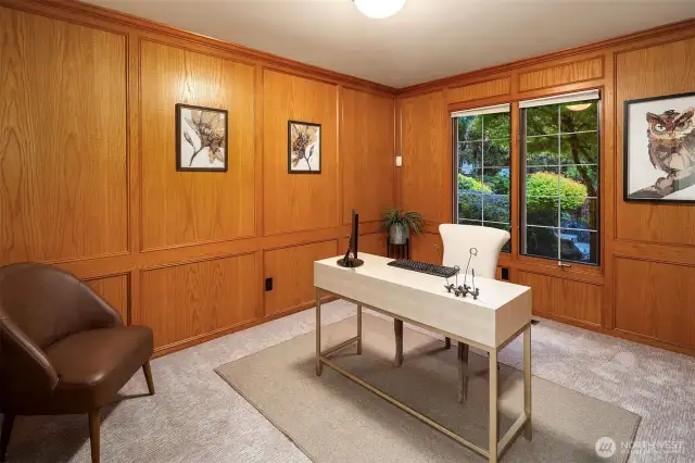 Lower Level office overlooks the front yard with garden views & new carpet